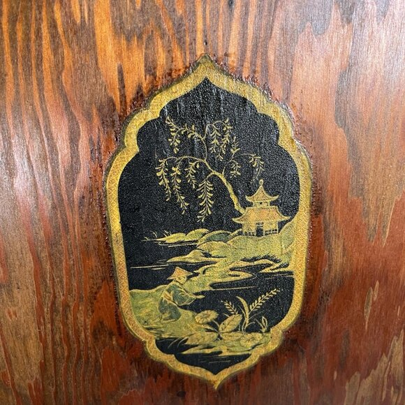 Vintage Wooden Magazine Rack Mid Century Chinoiserie Style with Asian Panels - Picture 11 of 13